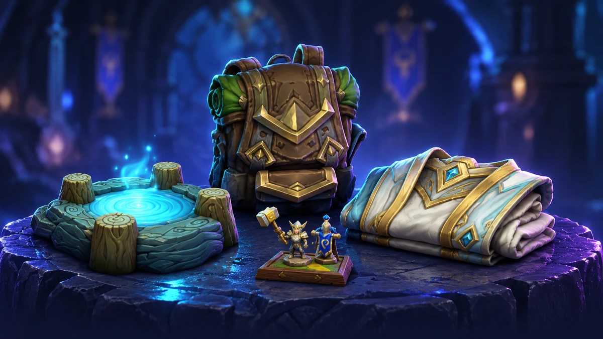 Veteran Adventurer's Rucksack, Shen'dorei Windwell, folded Skyseer's Garb and a small collection figurine.