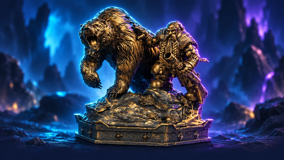The Dwarf and Bear Collector's Edition statue with bronze surfaces and blue-violet studio lighting.