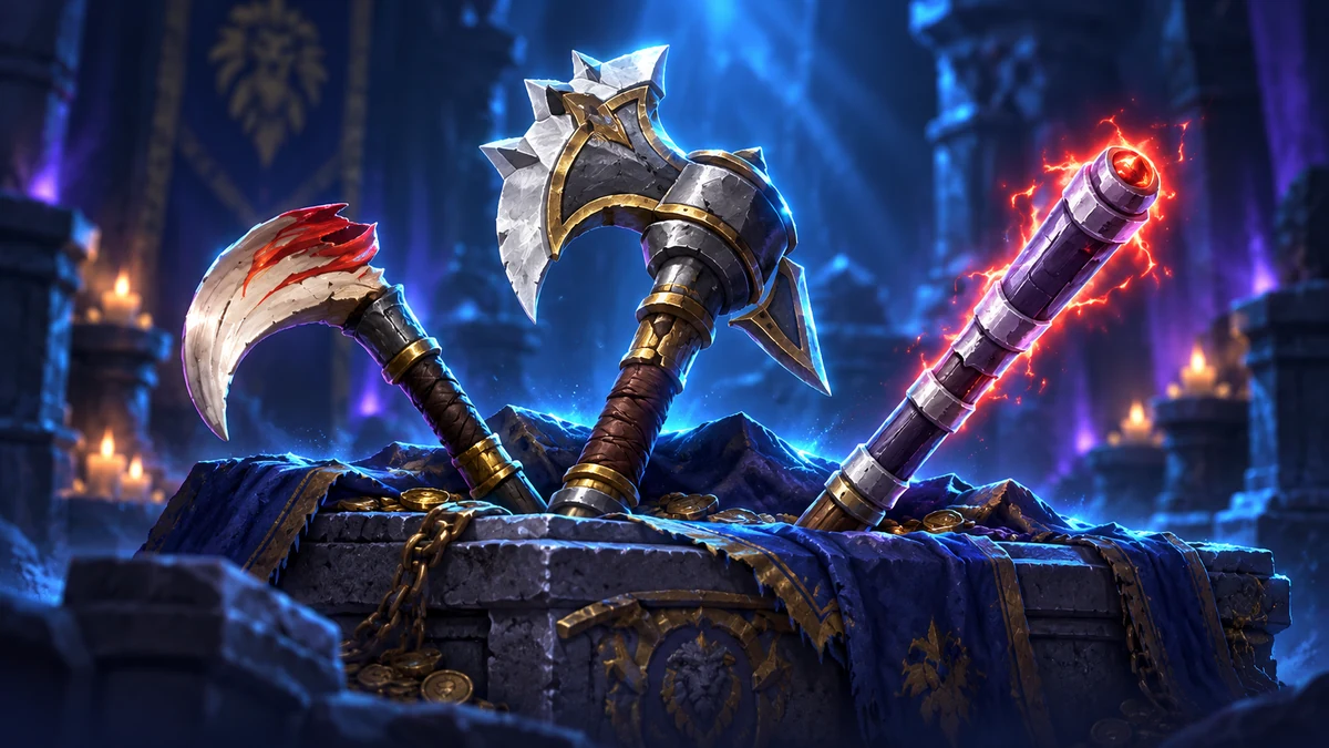 Illustrated Hall of Thanes loot based on the verified icons of Durgen's Crescent Axe, Fang of Magmatus and Golemheart Stave.