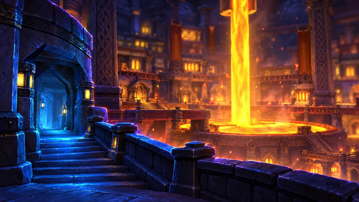 The Great Forge of Ironforge, with warm molten metal and a cold blue side passage.