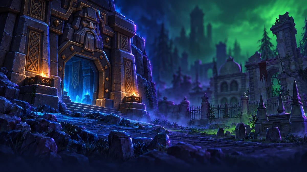An illustrative transition from an Ironforge-style dwarven crypt entrance to the Ruins of Lordaeron.