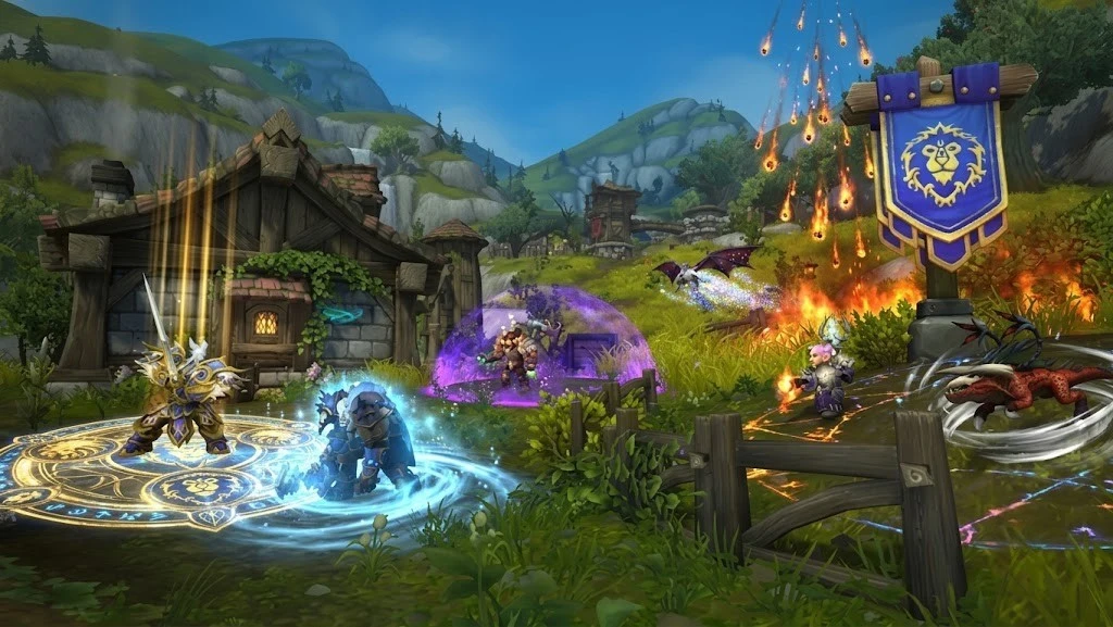 Battleground Blitz team fight on a control point — AoE specs dominate stacked objectives