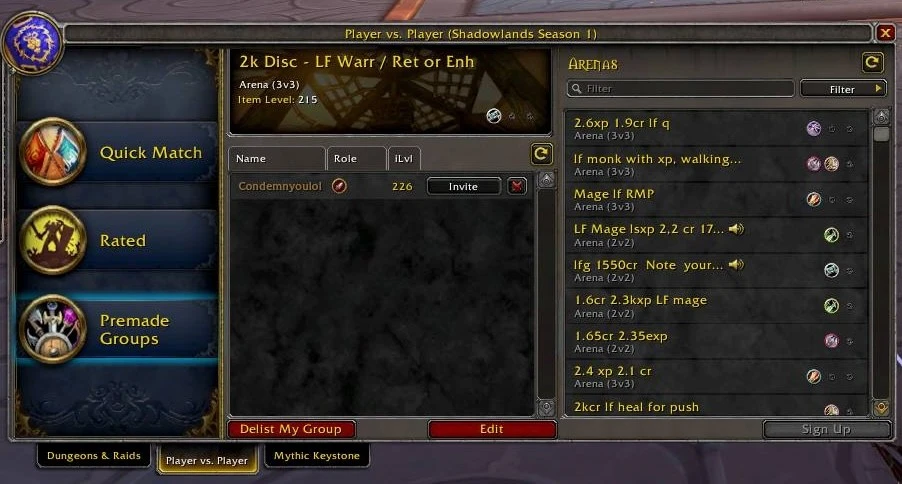 Well-built LFG ad in WoW with rating and experience requirements for a Gladiator push