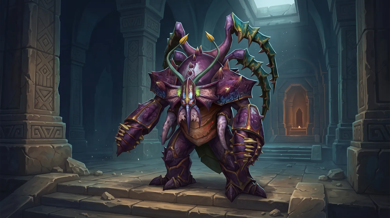 Kith'ix, the C'Thraxxi general of Patch 12.1.5, in the vaults beneath the Coiled Isle