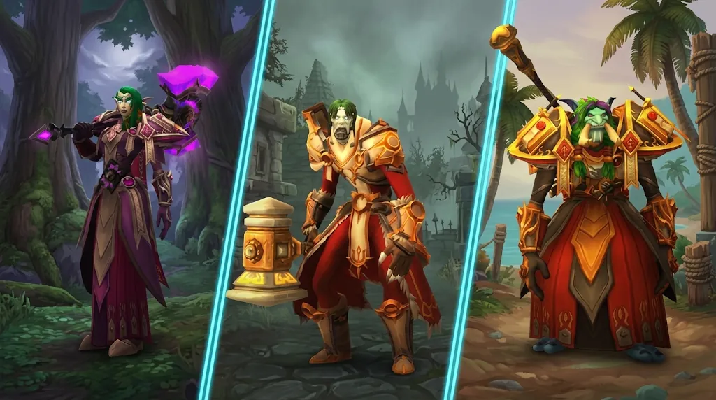 Night Elf, Undead and Troll paladins in a three-panel editorial montage