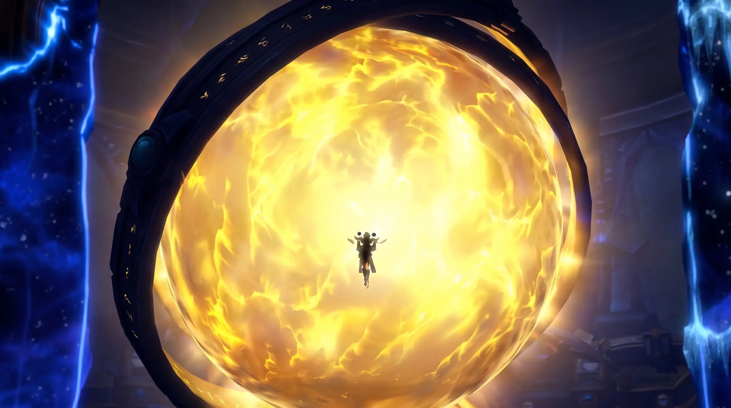 A small figure before the golden Worldcore sphere in Midnight Eclipse